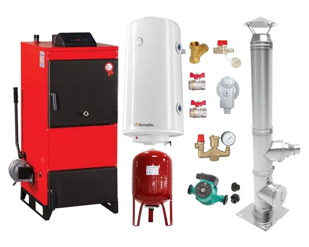 Pachet Centrala pe combustibil solid Fiama D2-25 Putere 29 kW, cu Ventilator si Automatizare, Cos inox, Boiler Termoelectric, Pompa, Vas Expansiune si Fitinguri
