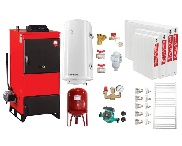 Pachet Centrala pe combustibil solid Fiama D2-25 Putere 29 kW, cu Ventilator si Automatizare, Radiatoare Otel, Boiler Termoelectric, Pompa, Vas Expansiune si Fitinguri