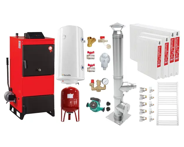 Pachet Centrala pe combustibil solid Fiama D2-25 Putere 29 kW, cu Ventilator si Automatizare, Cos inox, Radiatoare Otel, Boiler Termoelectric, Pompa, Vas Expansiune si Fitinguri