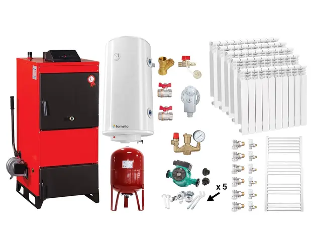 Pachet Centrala pe combustibil solid Fiama D2-25 Putere 29 kW, cu Ventilator si Automatizare, Calorifere aluminiu, Boiler Termoelectric, Pompa, Vas Expansiune si Fitinguri