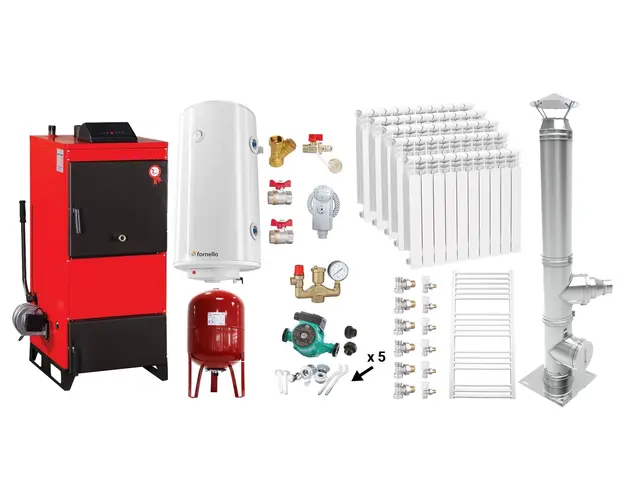 Pachet Centrala pe combustibil solid Fiama D2-25 Putere 29 kW, cu Ventilator si Automatizare, Cos inox, Calorifere aluminiu, Boiler Termoelectric, Pompa, Vas Expansiune si Fitinguri