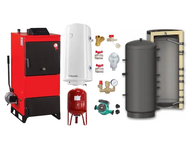 Pachet Centrala pe combustibil solid Fiama D2-25 Putere 29 kW, cu Ventilator si Automatizare, Puffer 800 litri, Boiler Termoelectric, Pompa, Vas Expansiune si Fitinguri