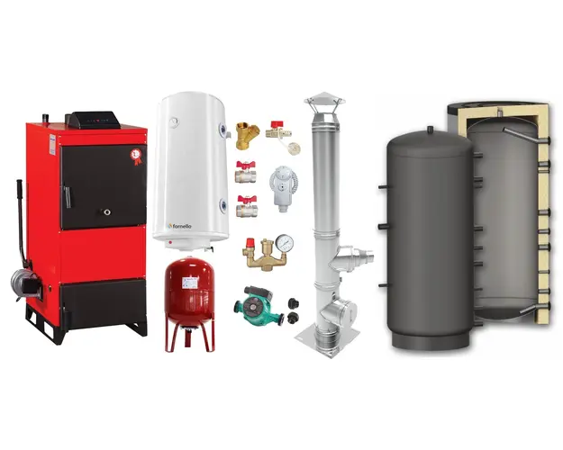 Pachet Centrala pe combustibil solid Fiama D2-25 Putere 29 kW, cu Ventilator si Automatizare, Puffer 800 litri, Cos inox, Boiler Termoelectric, Pompa, Vas Expansiune si Fitinguri