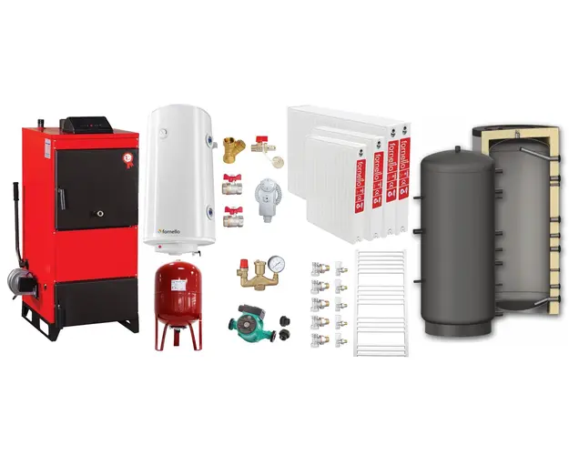 Pachet Centrala pe combustibil solid Fiama D2-25 Putere 29 kW, cu Ventilator si Automatizare, Puffer 800 litri, Radiatoare Otel, Boiler Termoelectric, Pompa, Vas Expansiune si Fitinguri
