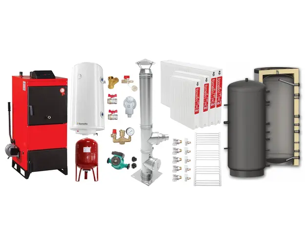 Pachet Centrala pe combustibil solid Fiama D2-25 Putere 29 kW, cu Ventilator si Automatizare, Puffer 800 litri, Cos inox, Radiatoare Otel, Boiler Termoelectric, Pompa, Vas Expansiune si Fitinguri