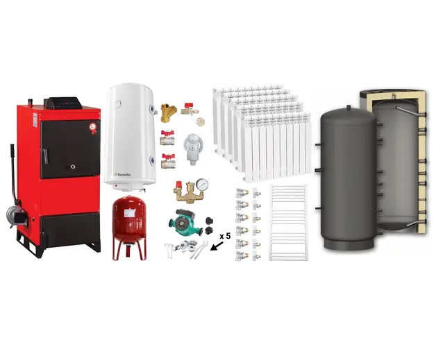 Pachet Centrala pe combustibil solid Fiama D2-25 Putere 29 kW, cu Ventilator si Automatizare, Puffer 800 litri, Calorifere aluminiu, Boiler Termoelectric, Pompa, Vas Expansiune si Fitinguri