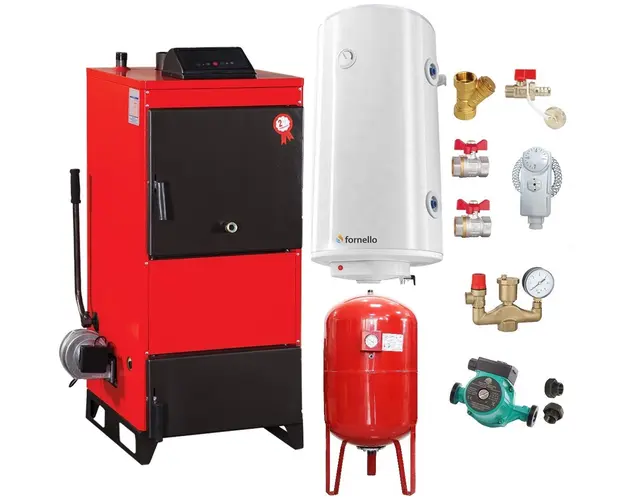 Pachet Centrala pe combustibil solid Fiama D2-40 Putere 46 kW, cu Ventilator si Automatizare, Boiler Termoelectric, Pompa, Vas Expansiune si Fitinguri