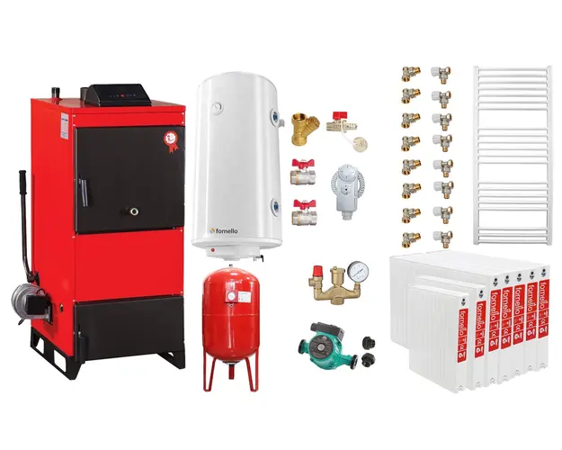 Pachet Centrala pe combustibil solid Fiama D2-40 Putere 46 kW, cu Ventilator si Automatizare, Radiatoare Otel, Boiler Termoelectric, Pompa, Vas Expansiune si Fitinguri