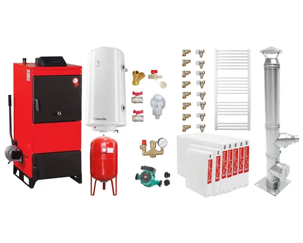Pachet Centrala pe combustibil solid Fiama D2-40 Putere 46 kW, cu Ventilator si Automatizare, Cos inox, Radiatoare Otel, Boiler Termoelectric, Pompa, Vas Expansiune si Fitinguri