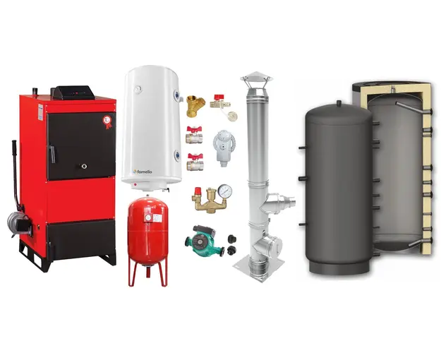 Pachet Centrala pe combustibil solid Fiama D2-40 Putere 46 kW, cu Ventilator si Automatizare, Puffer 1000 litri, Cos inox, Boiler Termoelectric, Pompa, Vas Expansiune si Fitinguri