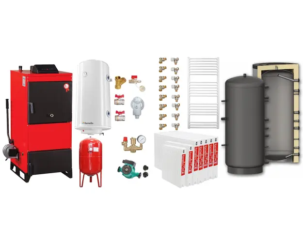 Pachet Centrala pe combustibil solid Fiama D2-40 Putere 46 kW, cu Ventilator si Automatizare, Puffer 1000 litri, Radiatoare Otel, Boiler Termoelectric, Pompa, Vas Expansiune si Fitinguri