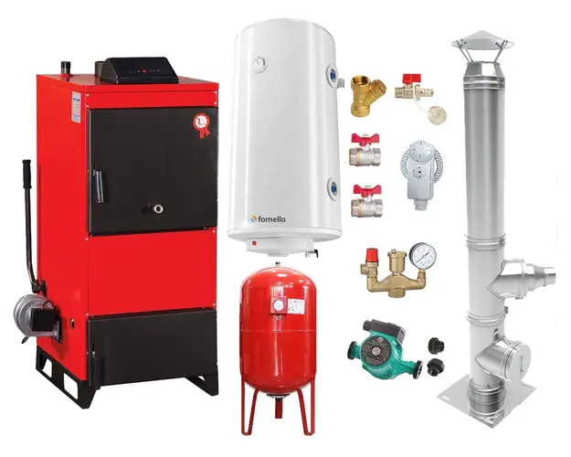 Pachet Centrala pe combustibil solid Fiama D2-60 Putere 70 kW, cu Ventilator si Automatizare, Cos inox, Boiler Termoelectric, Pompa, Vas Expansiune si Fitinguri