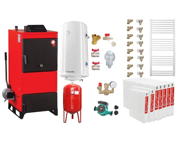 Pachet Centrala pe combustibil solid Fiama D2-60 Putere 70 kW, cu Ventilator si Automatizare, Radiatoare Otel, Boiler Termoelectric, Pompa, Vas Expansiune si Fitinguri
