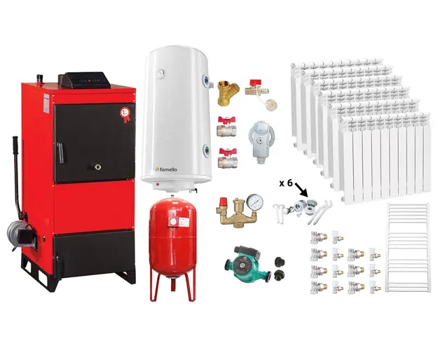 Pachet Centrala pe combustibil solid Fiama D2-60 Putere 70 kW, cu Ventilator si Automatizare, Calorifere aluminiu, Boiler Termoelectric, Pompa, Vas Expansiune si Fitinguri