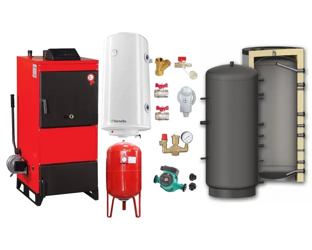 Pachet Centrala pe combustibil solid Fiama D2-60 Putere 70 kW, cu Ventilator si Automatizare, Puffer 1000 litri, Boiler Termoelectric, Pompa, Vas Expansiune si Fitinguri