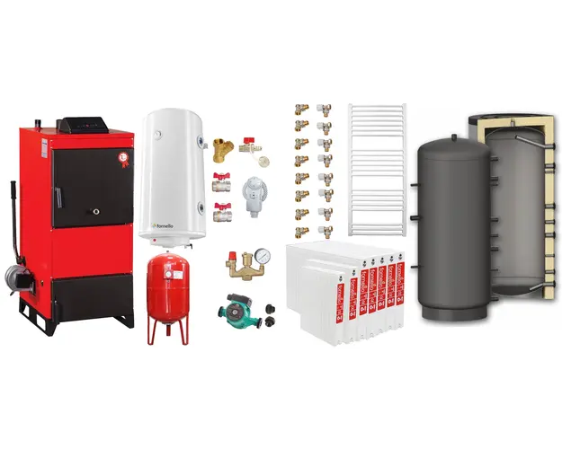 Pachet Centrala pe combustibil solid Fiama D2-60 Putere 70 kW, cu Ventilator si Automatizare, Puffer 1000 litri, Radiatoare Otel, Boiler Termoelectric, Pompa, Vas Expansiune si Fitinguri
