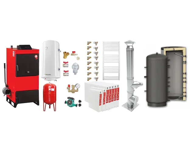 Pachet Centrala pe combustibil solid Fiama D2-60 Putere 70 kW, cu Ventilator si Automatizare, Puffer 1000 litri, Cos inox, Radiatoare Otel, Boiler Termoelectric, Pompa, Vas Expansiune si Fitinguri