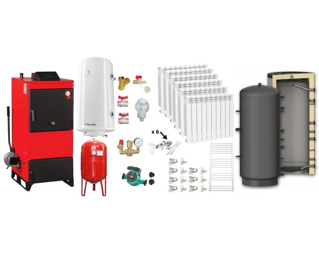 Pachet Centrala pe combustibil solid Fiama D2-60 Putere 70 kW, cu Ventilator si Automatizare, Puffer 1000 litri, Calorifere aluminiu, Boiler Termoelectric, Pompa, Vas Expansiune si Fitinguri