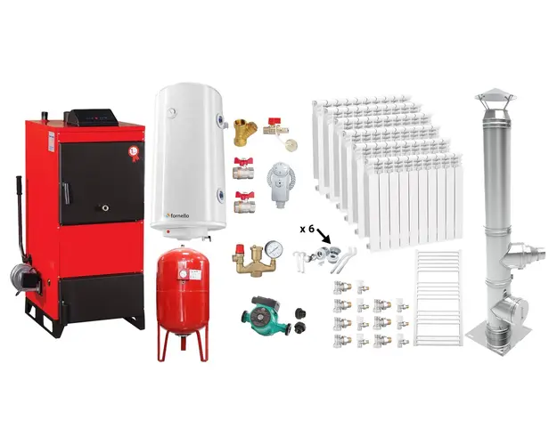 Pachet Centrala pe combustibil solid Fiama D2-60 Putere 70 kW, cu Ventilator si Automatizare, Cos Inox, Calorifere aluminiu, Boiler Termoelectric, Pompa, Vas Expansiune si Fitinguri