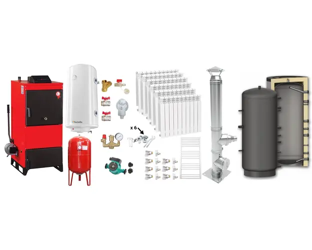 Pachet Centrala pe combustibil solid Fiama D2-60 Putere 70 kW, cu Ventilator si Automatizare, Puffer 1000 litri, Cos Inox, Calorifere aluminiu, Boiler Termoelectric, Pompa, Vas Expansiune si Fitinguri