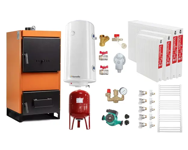 Pachet Centrala pe combustibil solid Fiama W 25 kW, Radiatoare Otel, Boiler Termoelectric, Vas Expansune, Pompa si Fitinguri Montaj