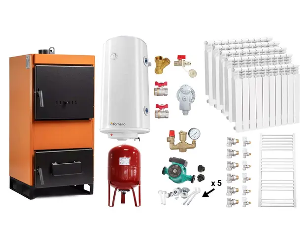 Pachet Centrala pe combustibil solid Fiama W 25 kW, Calorifere aluminiu, Boiler Termoelectric, Vas Expansune, Pompa si Fitinguri Montaj