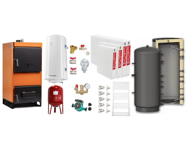 Pachet Centrala pe combustibil solid Fiama W 25 kW, Puffer 800 litri, Radiatoare Otel, Boiler Termoelectric, Vas Expansune, Pompa si Fitinguri Montaj