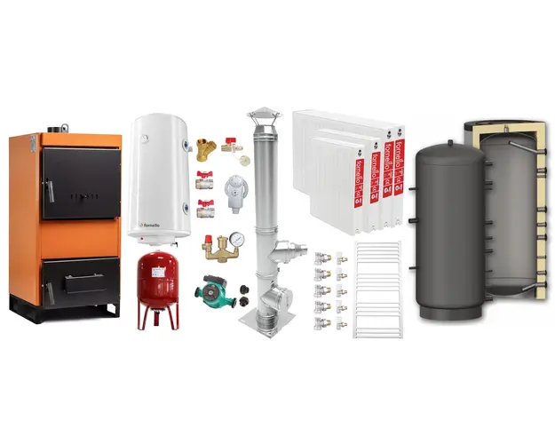 Pachet Centrala pe combustibil solid Fiama W 25 kW, Puffer 800 litri, Cos inox, Radiatoare Otel, Boiler Termoelectric, Vas Expansune, Pompa si Fitinguri Montaj