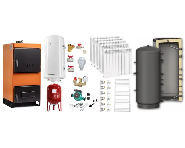 Pachet Centrala pe combustibil solid Fiama W 25 kW, Puffer 800 litri, Calorifere aluminiu, Boiler Termoelectric, Vas Expansune, Pompa si Fitinguri Montaj
