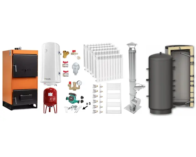 Pachet Centrala pe combustibil solid Fiama W 25 kW, Puffer 800 litri, Cos Inox, Calorifere aluminiu, Boiler Termoelectric, Vas Expansune, Pompa si Fitinguri Montaj