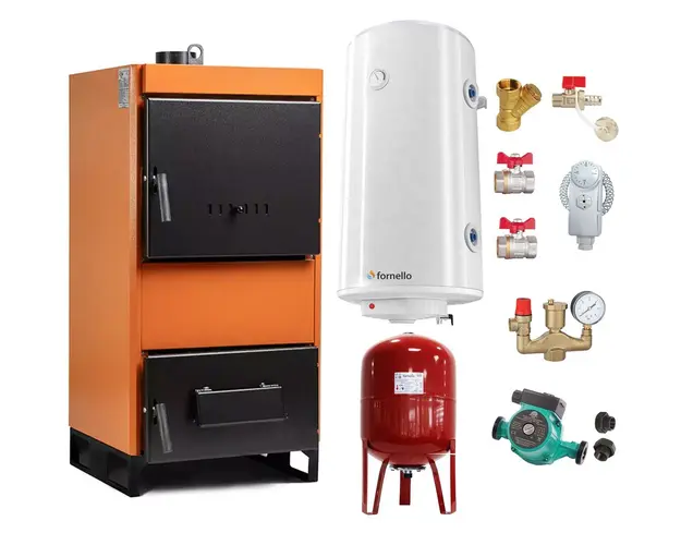 Pachet Centrala pe combustibil solid Fiama W 35 kW, Boiler Termoelectric, Vas Expansune, Pompa si Fitinguri Montaj