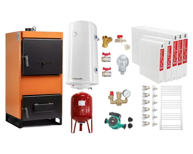 Pachet Centrala pe combustibil solid Fiama W 35 kW, Radiatoare Otel, Boiler Termoelectric, Vas Expansune, Pompa si Fitinguri Montaj