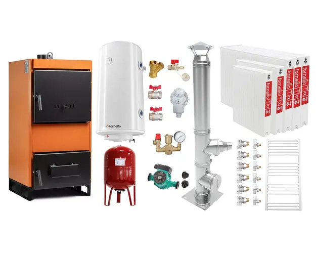 Pachet Centrala pe combustibil solid Fiama W 35 kW, Cos inox, Radiatoare Otel, Boiler Termoelectric, Vas Expansune, Pompa si Fitinguri Montaj