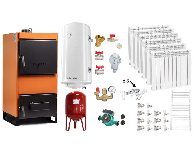 Pachet Centrala pe combustibil solid Fiama W 35 kW, Calorifere aluminiu, Boiler Termoelectric, Vas Expansune, Pompa si Fitinguri Montaj