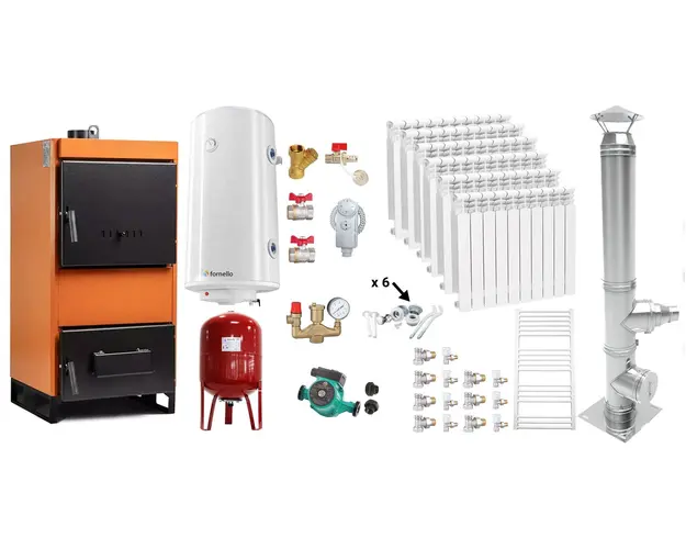 Pachet Centrala pe combustibil solid Fiama W 35 kW, Cos inox, Calorifere aluminiu, Boiler Termoelectric, Vas Expansune, Pompa si Fitinguri Montaj