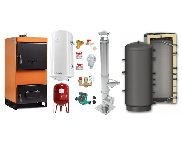 Pachet Centrala pe combustibil solid Fiama W 35 kW, Puffer 1000 litri, Cos inox, Boiler Termoelectric, Vas Expansune, Pompa si Fitinguri Montaj