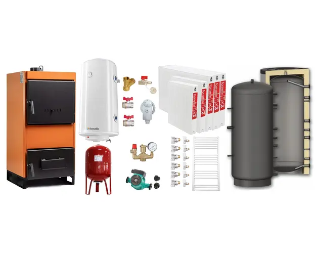 Pachet Centrala pe combustibil solid Fiama W 35 kW, Puffer 1000 litri, Radiatoare Otel, Boiler Termoelectric, Vas Expansune, Pompa si Fitinguri Montaj