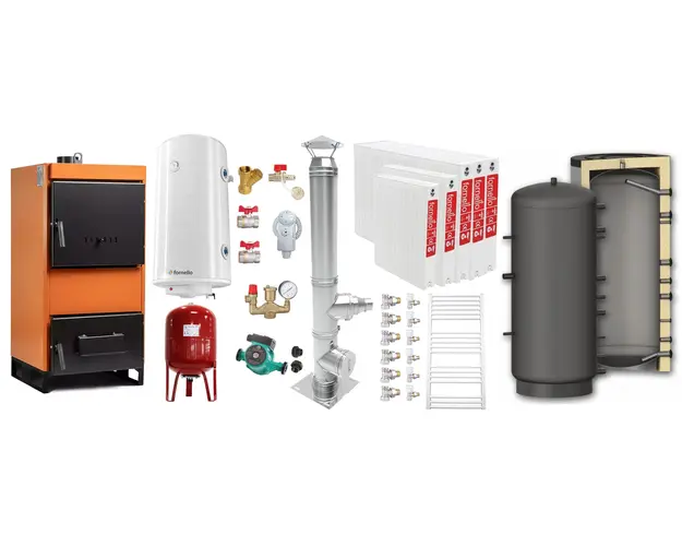 Pachet Centrala pe combustibil solid Fiama W 35 kW, Puffer 1000 litri, Cos inox, Radiatoare Otel, Boiler Termoelectric, Vas Expansune, Pompa si Fitinguri Montaj