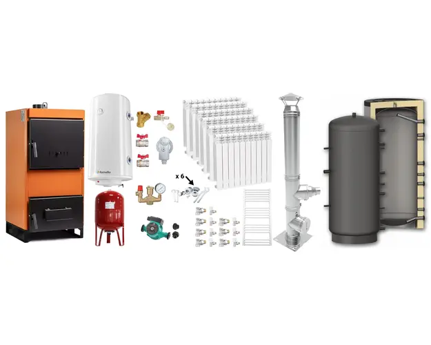 Pachet Centrala pe combustibil solid Fiama W 35 kW, Puffer 1000 litri, Cos inox, Calorifere aluminiu, Boiler Termoelectric, Vas Expansune, Pompa si Fitinguri Montaj