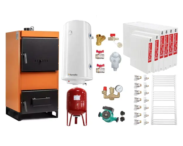 Pachet Centrala pe combustibil solid Fiama W 45 kW, Radiatoare Otel, Boiler Termoelectric, Vas Expansune, Pompa si Fitinguri Montaj