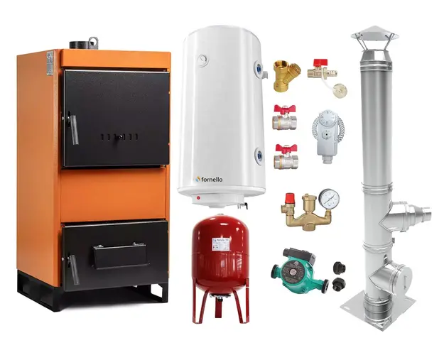 Pachet Centrala pe combustibil solid Fiama W 45 kW, Cos inox, Boiler Termoelectric, Vas Expansune, Pompa si Fitinguri Montaj