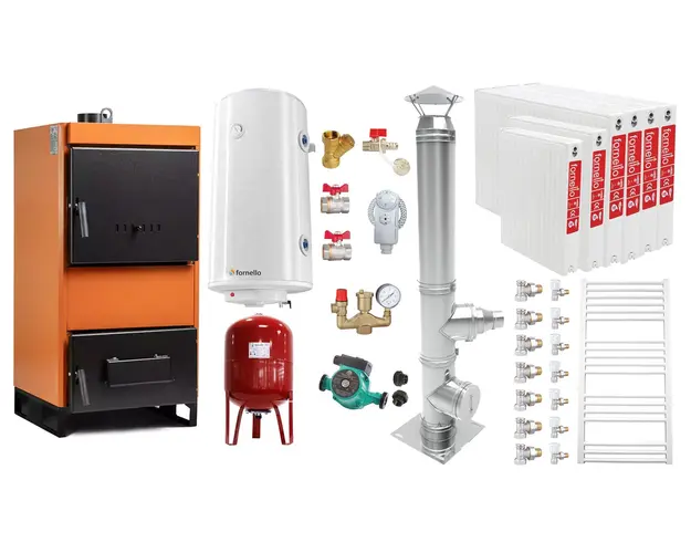 Pachet Centrala pe combustibil solid Fiama W 45 kW, Cos inox, Radiatoare Otel, Boiler Termoelectric, Vas Expansune, Pompa si Fitinguri Montaj
