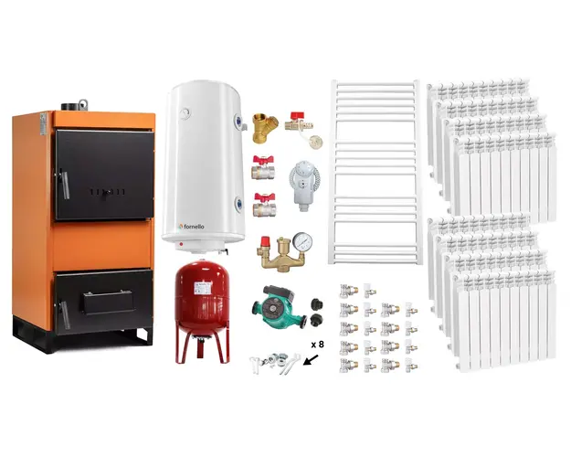 Pachet Centrala pe combustibil solid Fiama W 45 kW, Calorifere aluminiu, Boiler Termoelectric, Vas Expansune, Pompa si Fitinguri Montaj