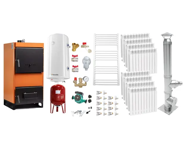 Pachet Centrala pe combustibil solid Fiama W 45 kW, Cos inox, Calorifere aluminiu, Boiler Termoelectric, Vas Expansune, Pompa si Fitinguri Montaj
