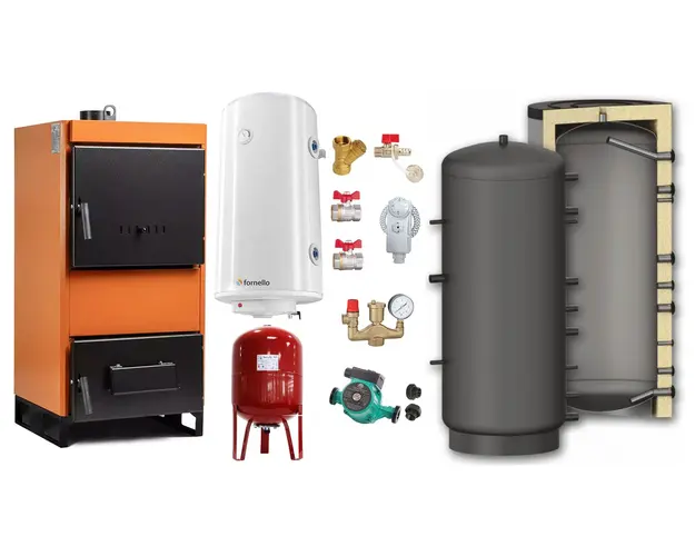Pachet Centrala pe combustibil solid Fiama W 45 kW, Puffer 1000 litri, Boiler Termoelectric, Vas Expansune, Pompa si Fitinguri Montaj