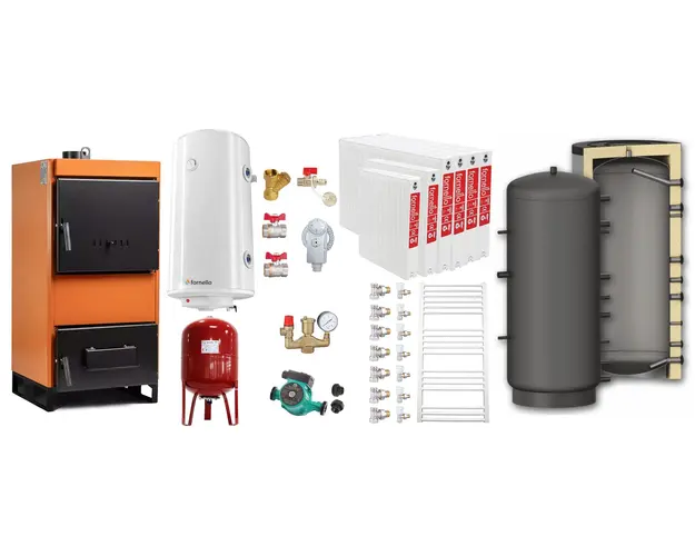 Pachet Centrala pe combustibil solid Fiama W 45 kW, Puffer 1000 litri, Radiatoare Otel, Boiler Termoelectric, Vas Expansune, Pompa si Fitinguri Montaj