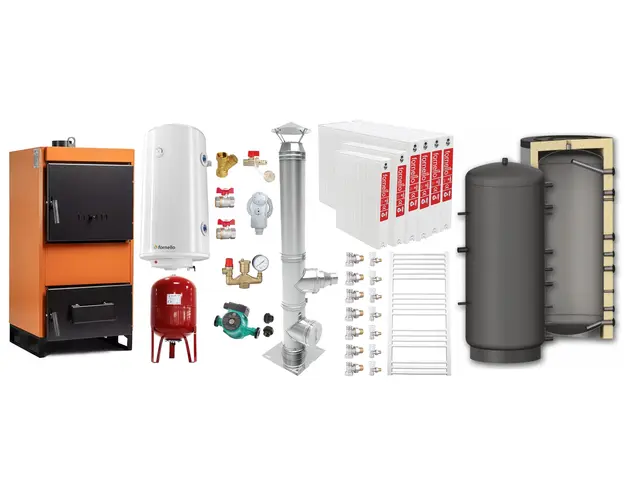 Pachet Centrala pe combustibil solid Fiama W 45 kW, Puffer 1000 litri, Cos inox, Radiatoare Otel, Boiler Termoelectric, Vas Expansune, Pompa si Fitinguri Montaj