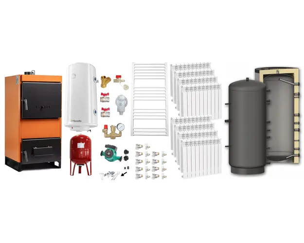 Pachet Centrala pe combustibil solid Fiama W 45 kW, Puffer 1000 litri, Calorifere aluminiu, Boiler Termoelectric, Vas Expansune, Pompa si Fitinguri Montaj