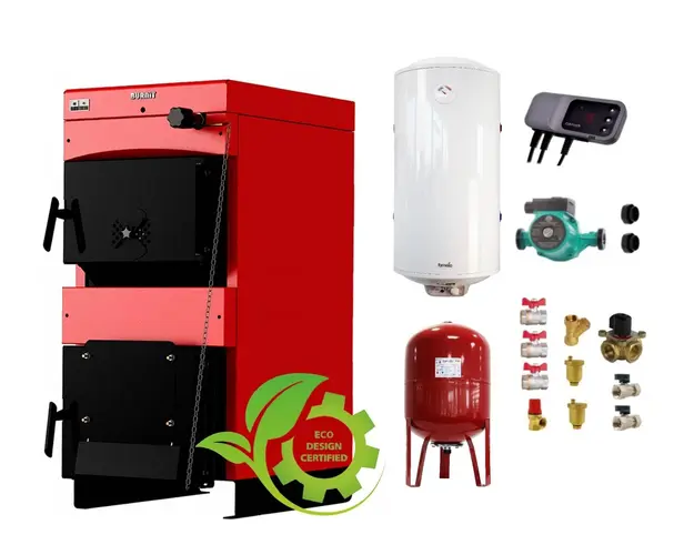 Pachet Centrala pe combustibil solid ​Sunsystem Burnit NWB MAX 25 kW, boiler termoelectric, vas expansiune, pompa circulare, controller pompa, fitinguri montaj