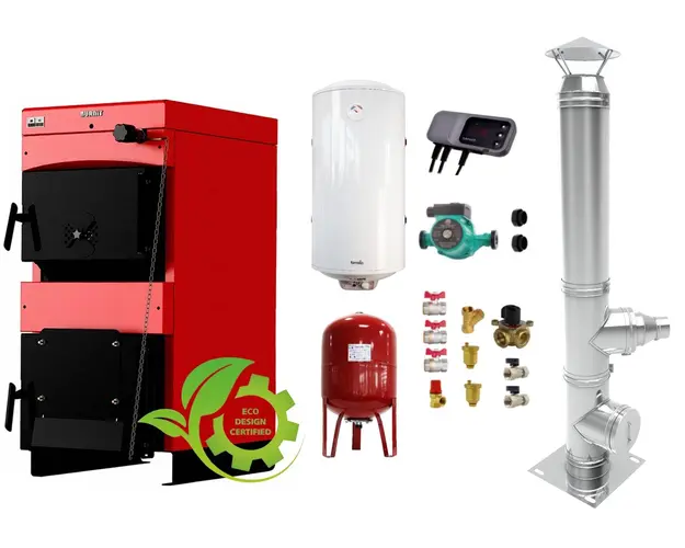 Pachet Centrala pe combustibil solid ​Sunsystem Burnit NWB MAX 25 kW, cos inox, boiler termoelectric, vas expansiune, pompa circulare, controller pompa, fitinguri montaj